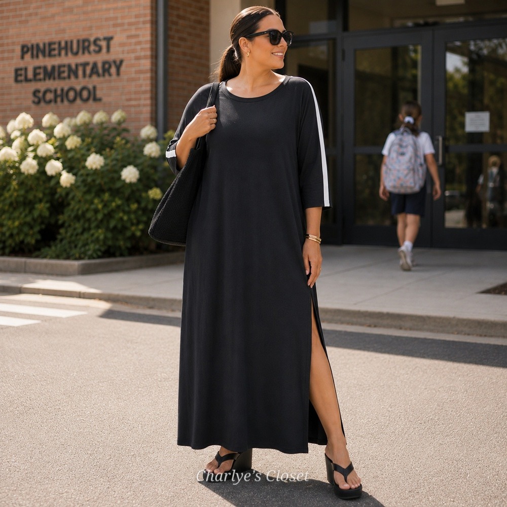 Ashley Sport Maxi Dress 14/16 Black Striped Side Split Easy Casual Minimalist